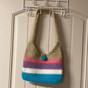 Handmade Crochet Knit Preppy Shoulder Bag Purse Latch w/ Button Closure Striped